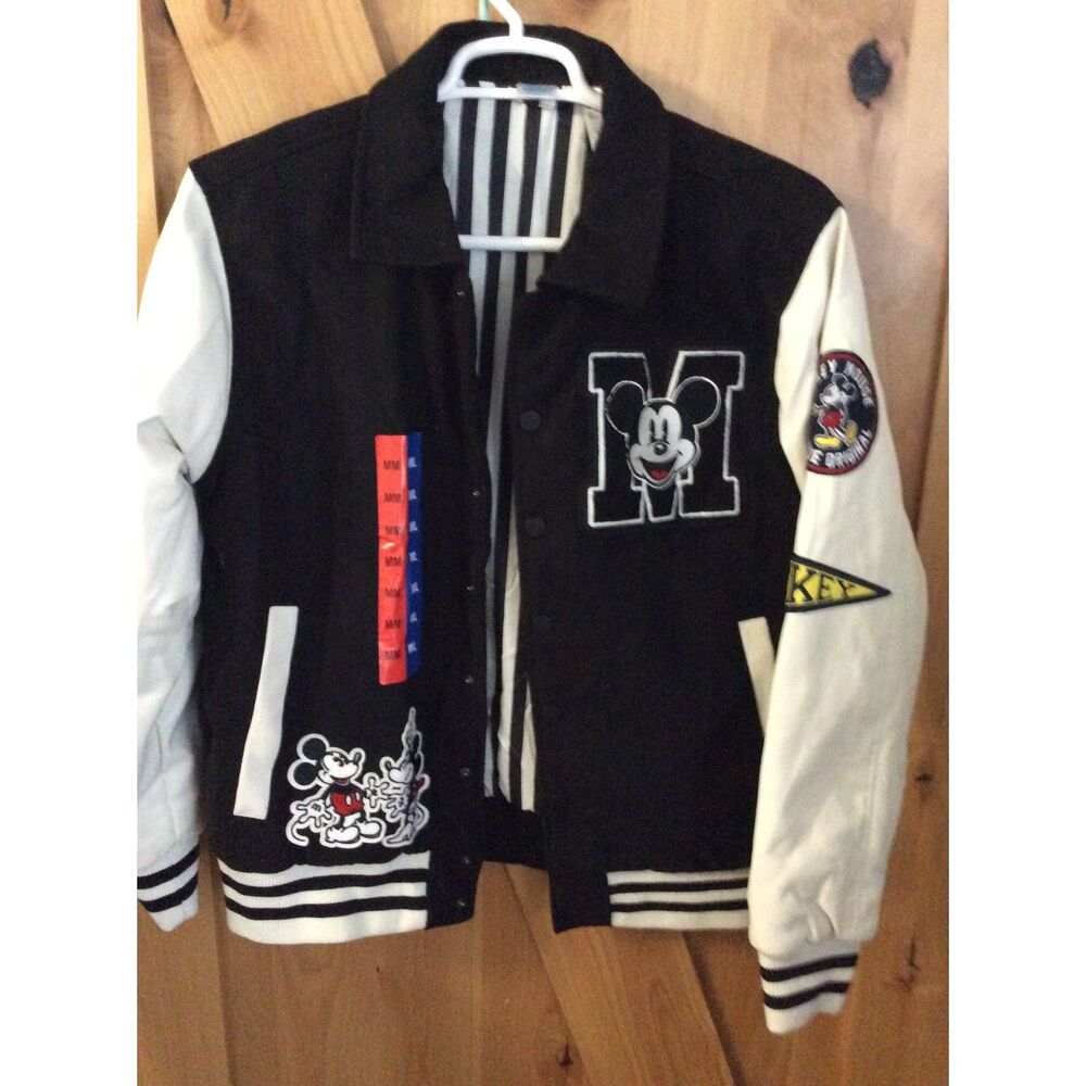 New NWT Disney Mickey Friends Letterman Jacket Medium Black